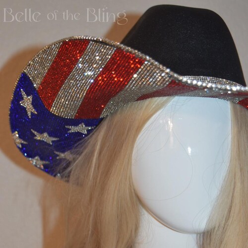 American Flag Rhinestone Cowgirl Hat, NFR, 4th of July  display picture 3