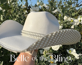 Viral rhinestone and pearl bridal cowgirl hat,  charro quinceanera, western wedding, country wedding, bling cowgirl, country music festival