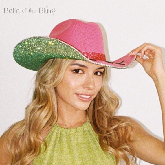 Vintage Cowboy hat w/ spider & cross bright green & pink CH-1043-BEACH COWGIRL GREEN/PINK – girliegirloriginals main image 3