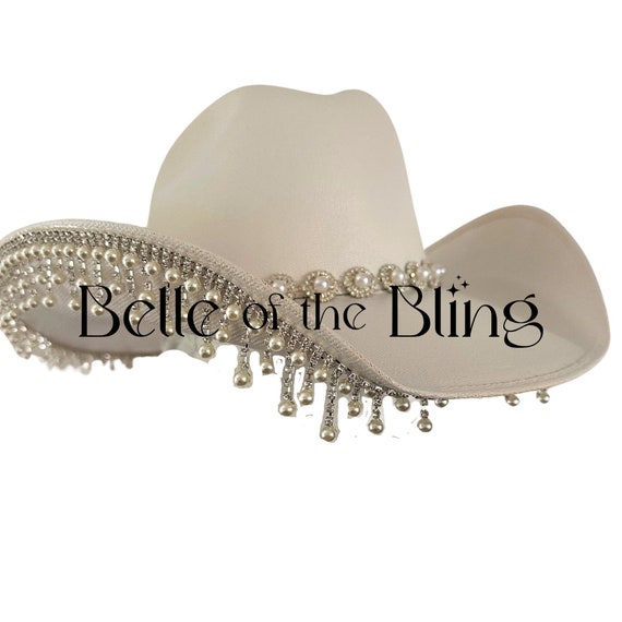 Bridal Bling Pearl and Rhinestone Fringe Cowboy Hat, Bridal  display picture 2