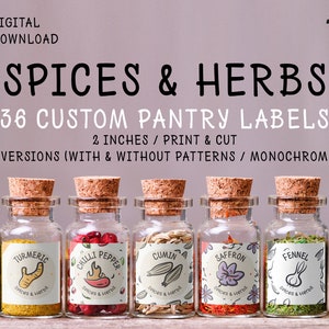 36 Spices and Herbs Pantry Labels Set. Printable 2 inches square stickers with custom patterns and elements. ENGLISH VERSION