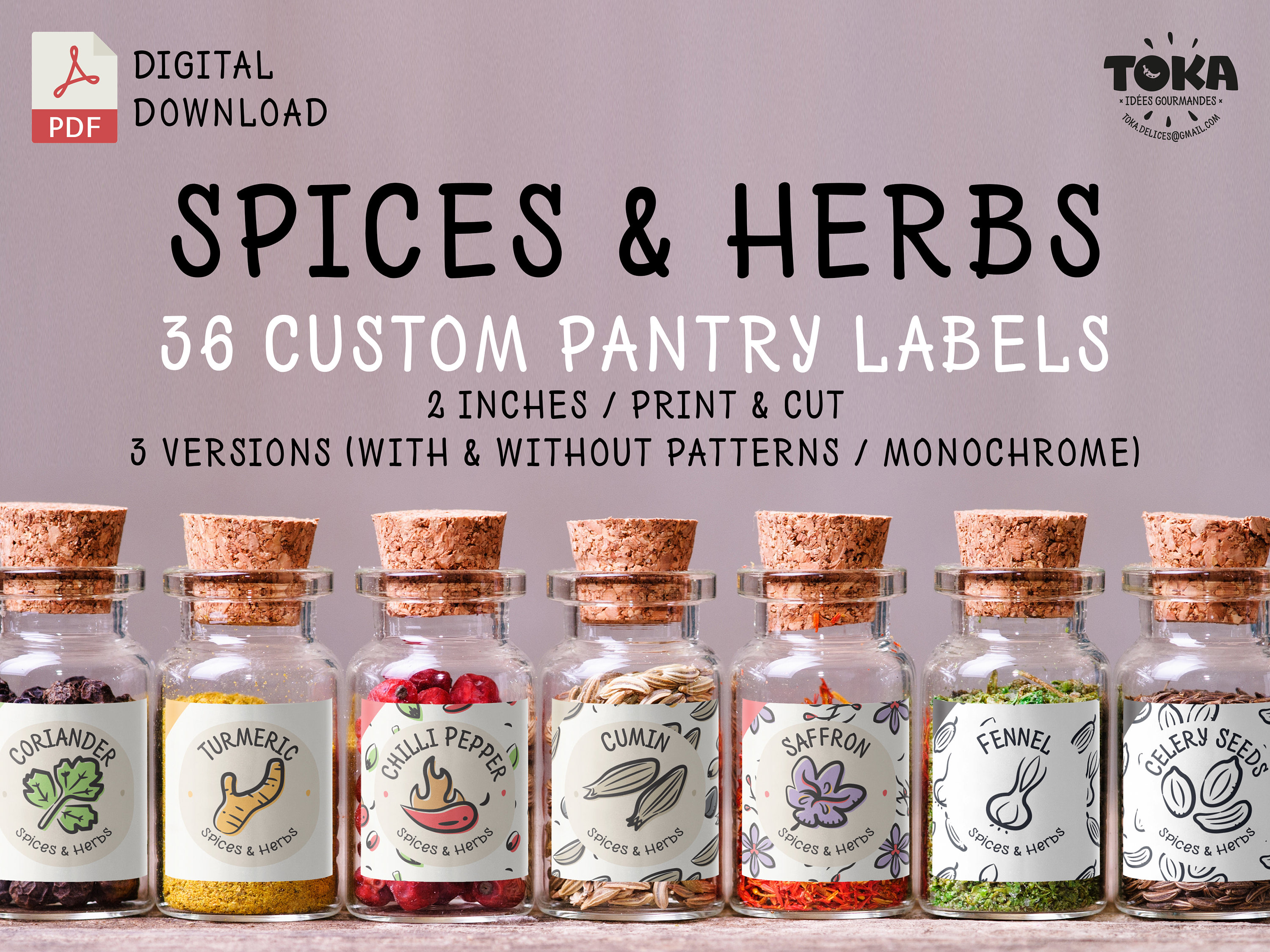 Spices Labels Rectangle 36 Spices and Herbs Pantry Labels Set. Printable 2 Inches Square ...