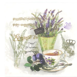 May include: A white background with a lavender bouquet in a green vase, a teacup and saucer, and a quote that reads "Romantic love I found the most within my soul and heart".
