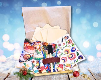 Polish Folk Decoupage Coaster Starter Set (4 Wooden Coasters, Paint & Tools Included)