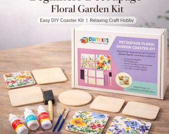 Floral Decoupage Square Coaster Craft Kit, Beginner DIY Hobby, Includes Paints Tools