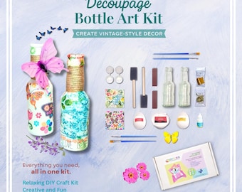 Decoupage Bottle Art Kit – DIY Craft Kit for Adults, Vintage Floral Bottle Decor, Beginner Friendly Creative Gift Idea