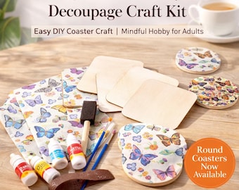 Square Butterfly Decoupage Coaster Craft Kit, Beginner DIY, Mindful Hobby, Includes Paints Tools