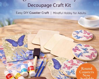 DIY Decoupage Butterfly II Square Coaster kit with Paints and Tools, Relaxing Hobby Gift for Adults and Older Children