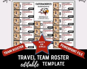 Travel Team Roster Template - Black & Red - 15 Players per page | Powerpoint Template | Editable