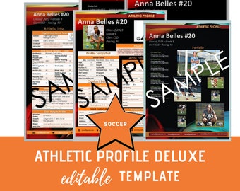 May include: A soccer athletic profile template with the text "Anna Belles #20" and "Athletic Profile". The template includes sections for athletic info, profile snapshot, contact info, and a portfolio. The words "Sample" and "Soccer" are also visible.