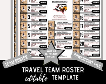 Travel Team Roster Template - Black & White - 18 Players per page | Powerpoint Template | editable