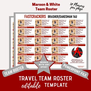 Travel Team Roster Template - Maroon & White - 18 Players