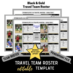 Travel Team Roster Template - Black & Gold - 6 Players Per Page