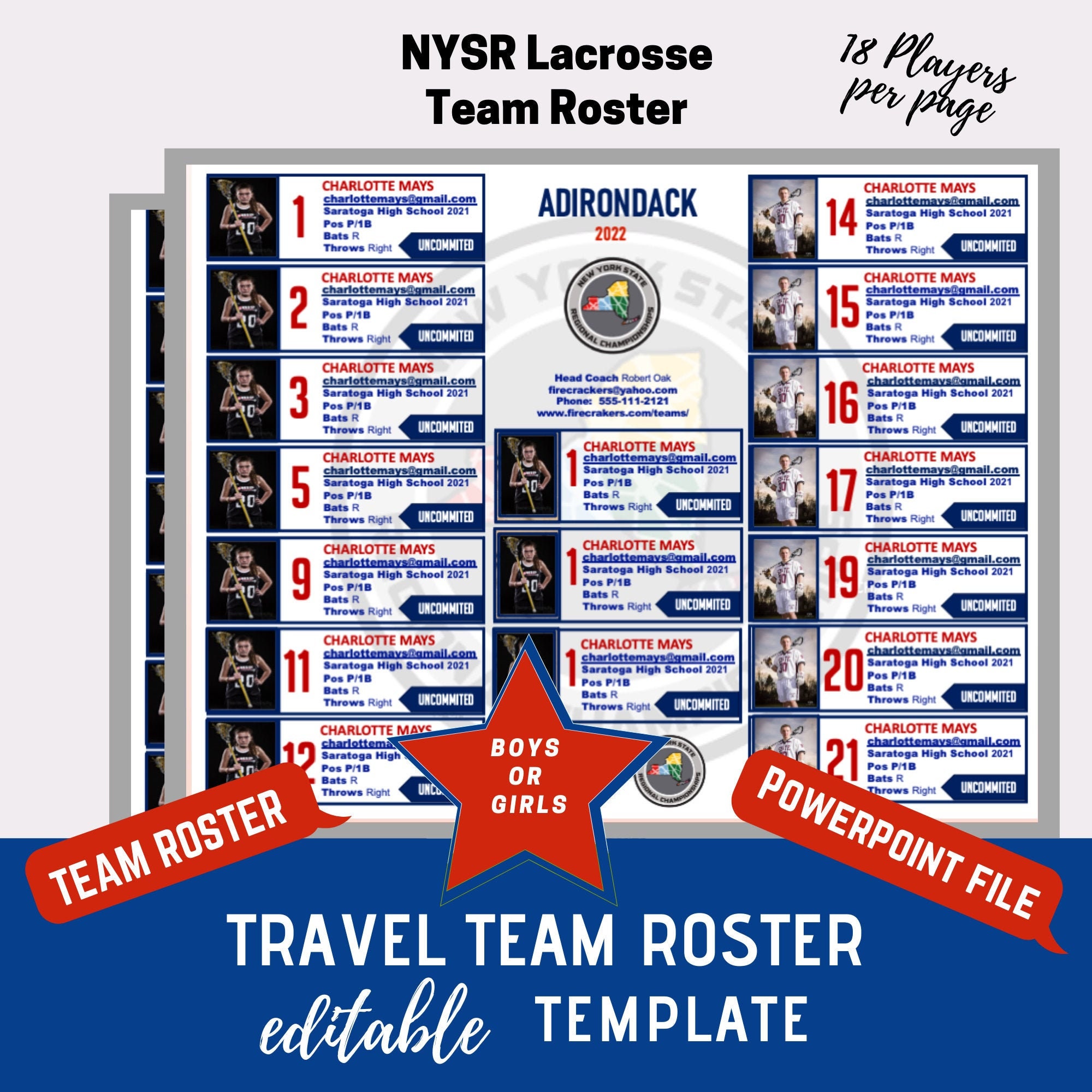 NYSR LACROSSE Team Roster Template 18 Players Etsy