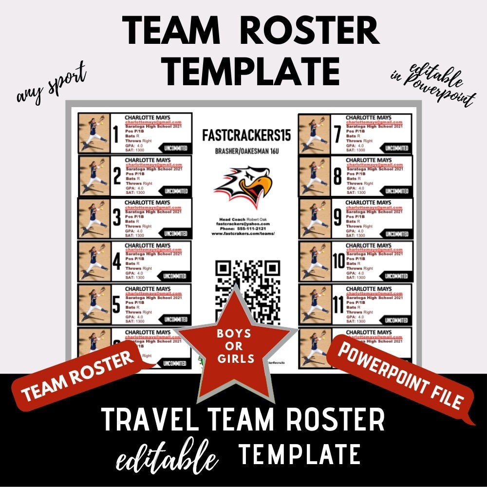Travel Team Roster Template - Black & Maroon - 12 Players per page | Powerpoint Template | editable
