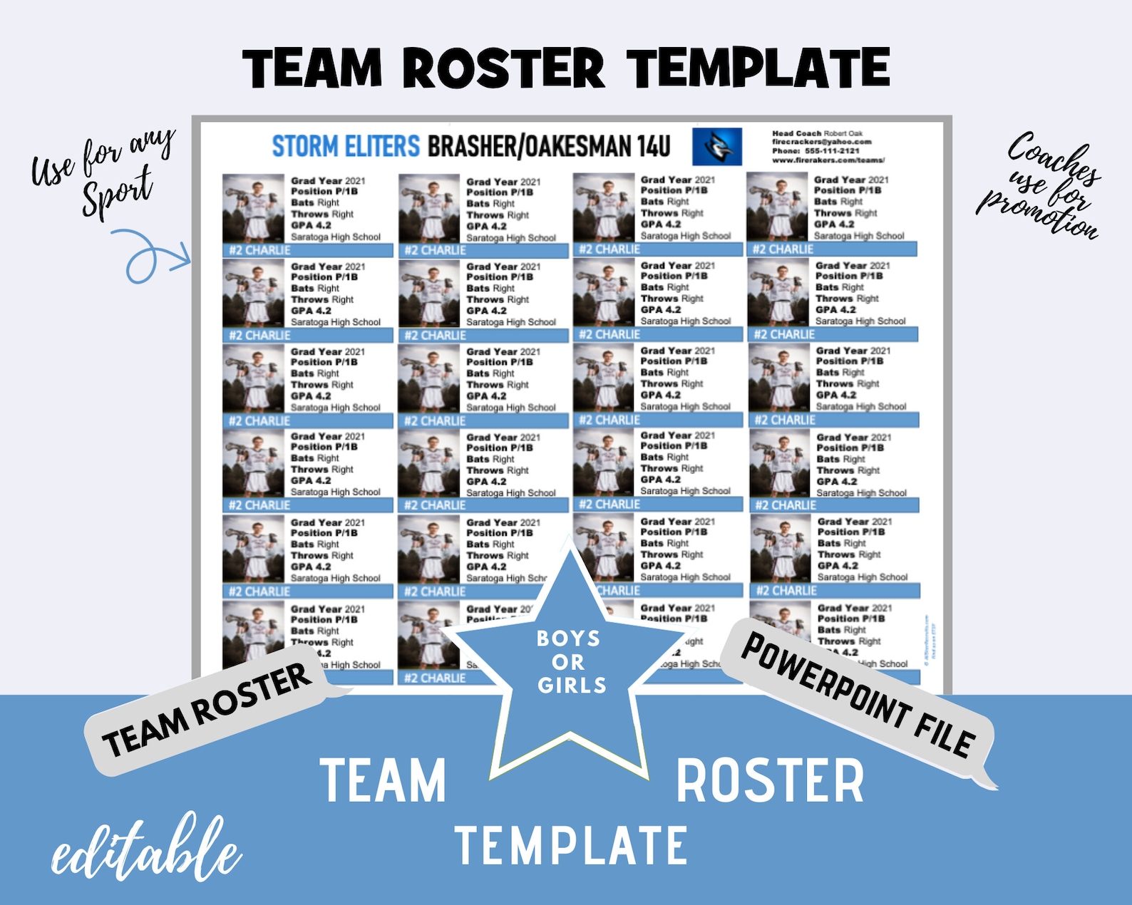 Travel Team Roster Template - Carolina Blue - 24 Players per Page ...