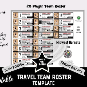 Travel Team Roster Template - Black & Grey - 20 Players per page - Includes Player Trading Card Template