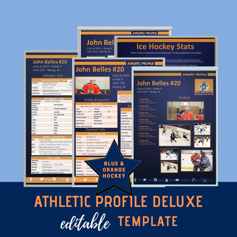 Hockey Athletic Profile Deluxe Template Blue & Orange Etsy