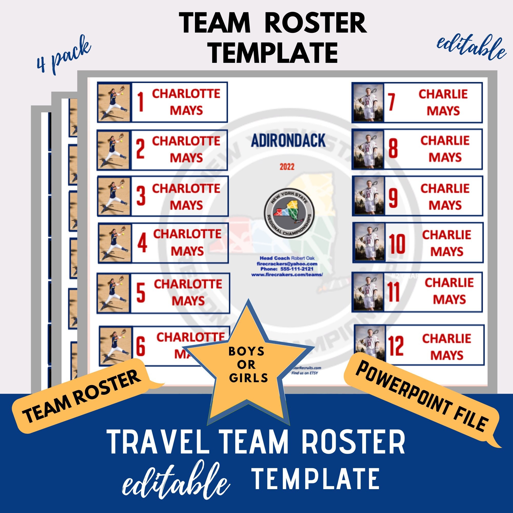 Travel Roster Format Travel Team Roster Template - Red White & Blue - 12, 13, 14 or 15 ...