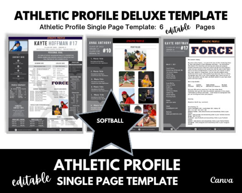 Softball Athletic Profile 1 Page Template Black Editable Etsy