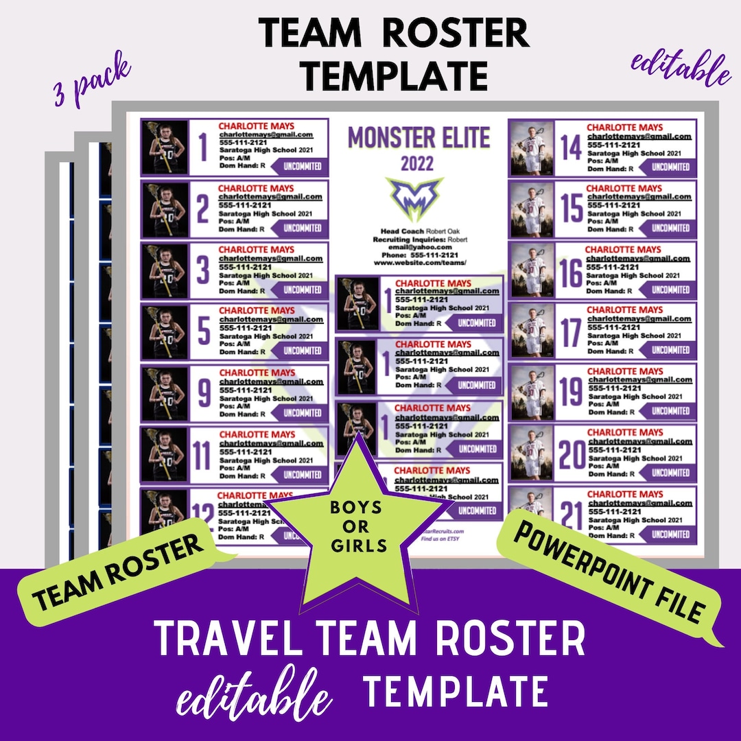 Purple & Green Team Roster Template - 3 Pack - 18, 24 and 25 Players - Etsy