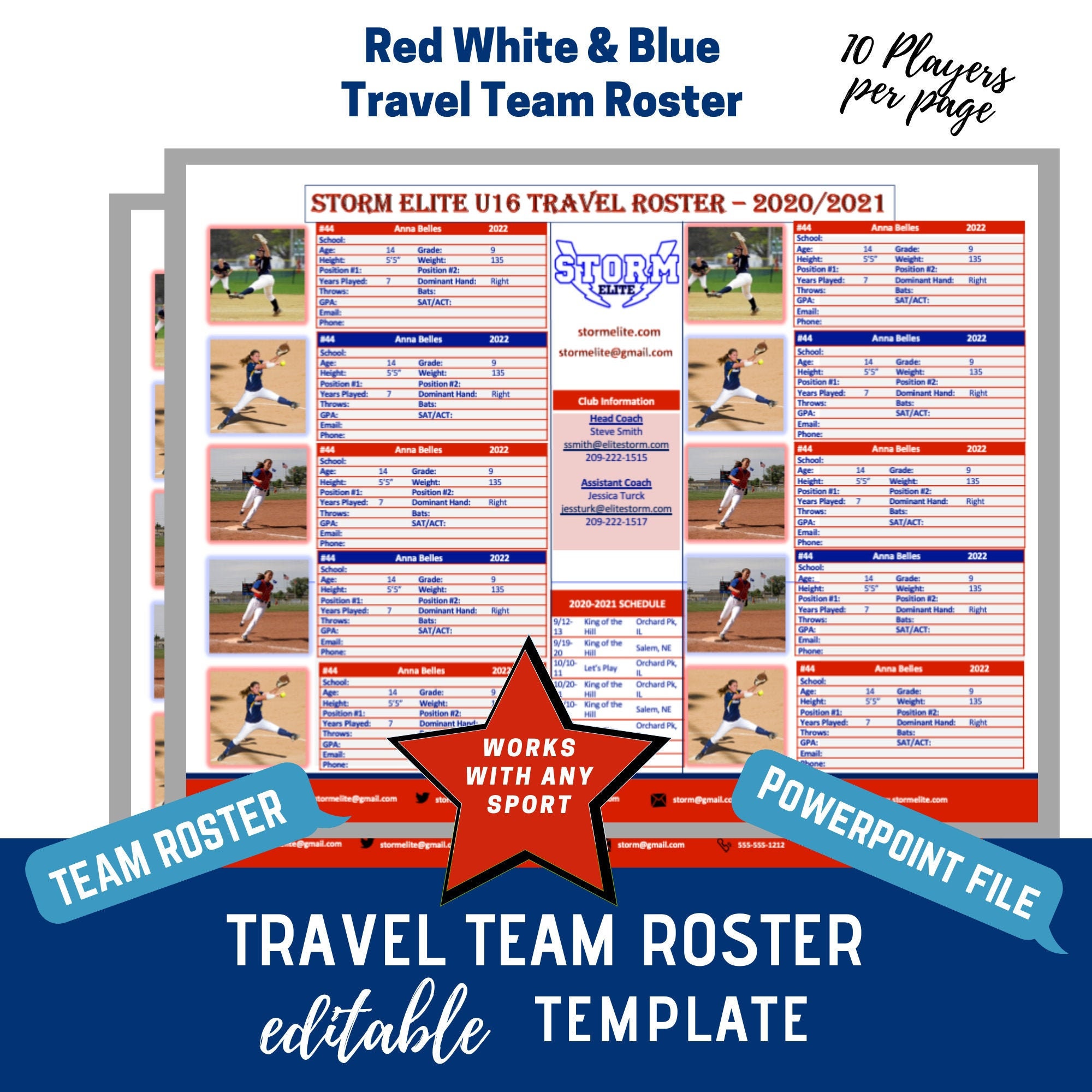 Travel Team Roster Template Red White & Blue 20 Players Etsy