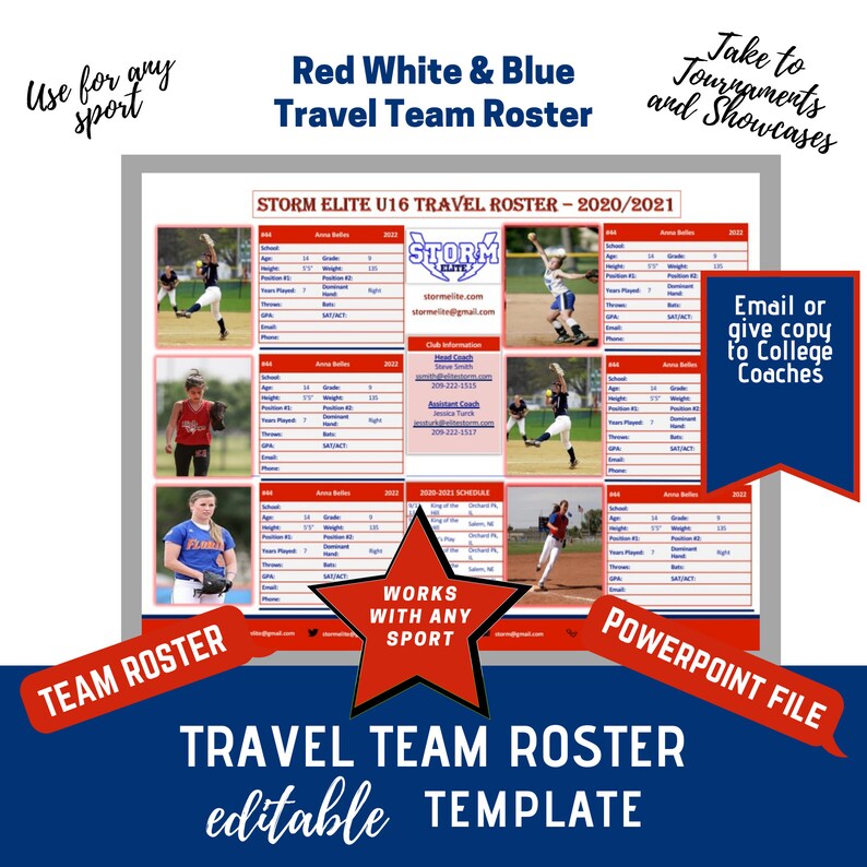 Travel Team Roster Template Red White & Blue Etsy
