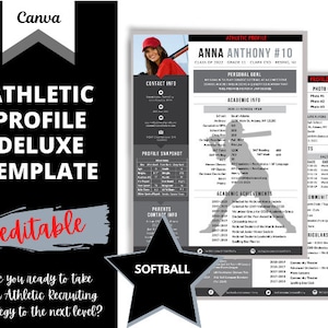 Softball - Athletic Profile Deluxe Template - Black | Editable Athletic Profile Template | College Recruiting | CANVA Template