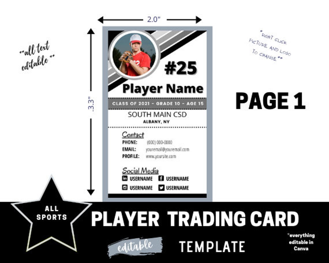 Player Trading Card Template Black &amp; White Any Sport 2 X 3.3 business ...