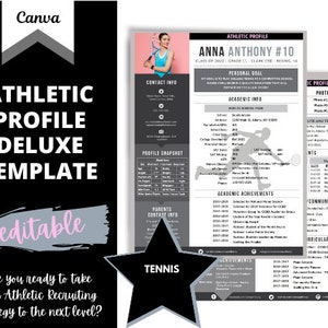 May include: A black and white athletic profile template for a tennis player. The template includes sections for contact information, profile snapshot, academic information, academic achievements, past events, community involvement, extracurricular activities and hobbies. The template is editable and includes the text "Athletic Profile Deluxe Template".