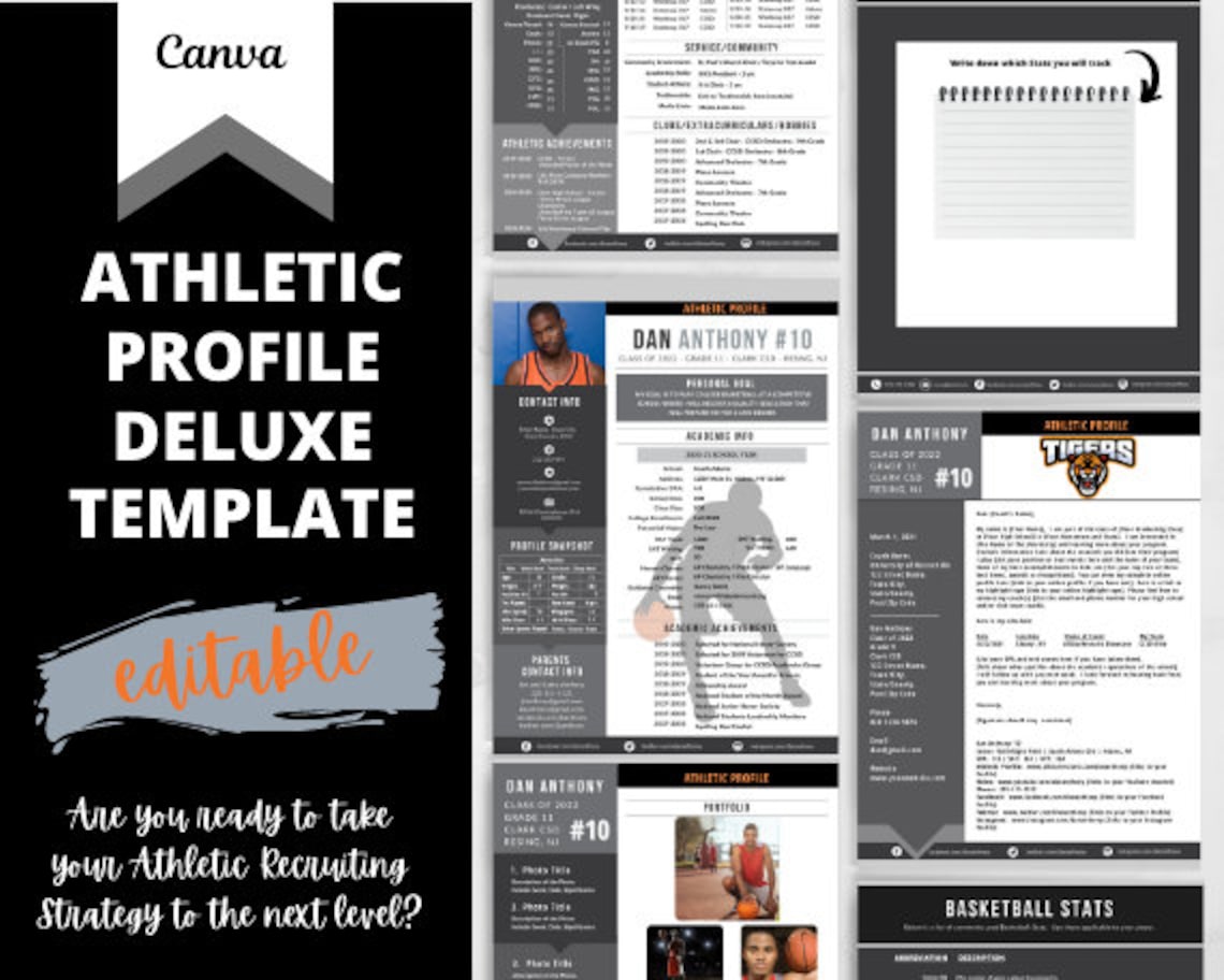 Basketball Athletic Profile Deluxe Template Black Editable Athletic