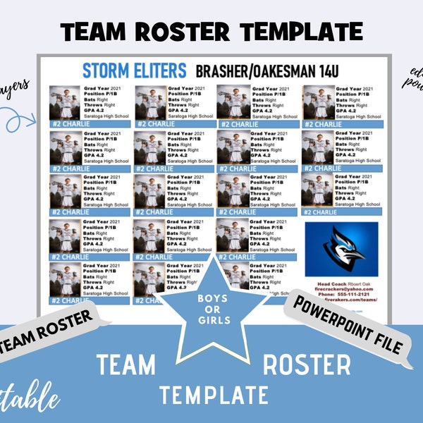 Travel Team Roster Template - Carolina Blue - 18 Players per page | Powerpoint Template | editable