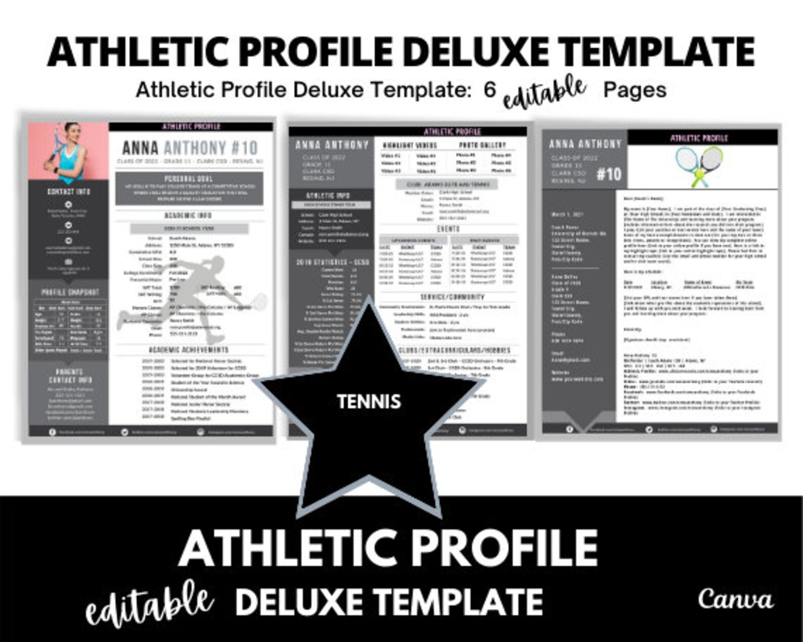 Tennis - Athletic Profile Deluxe Template - Black | Editable Athletic ...