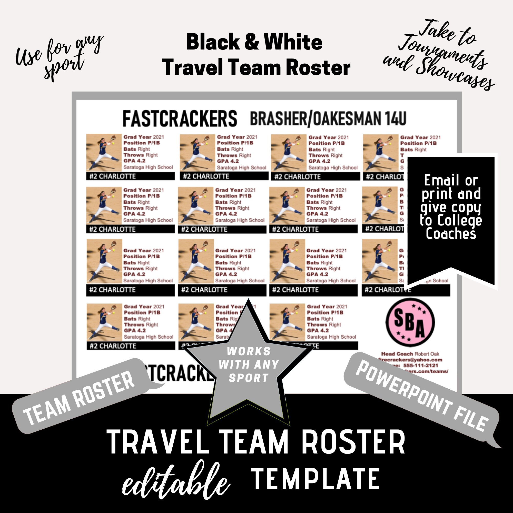 Travel Team Roster Template Black & White 15 Players Etsy
