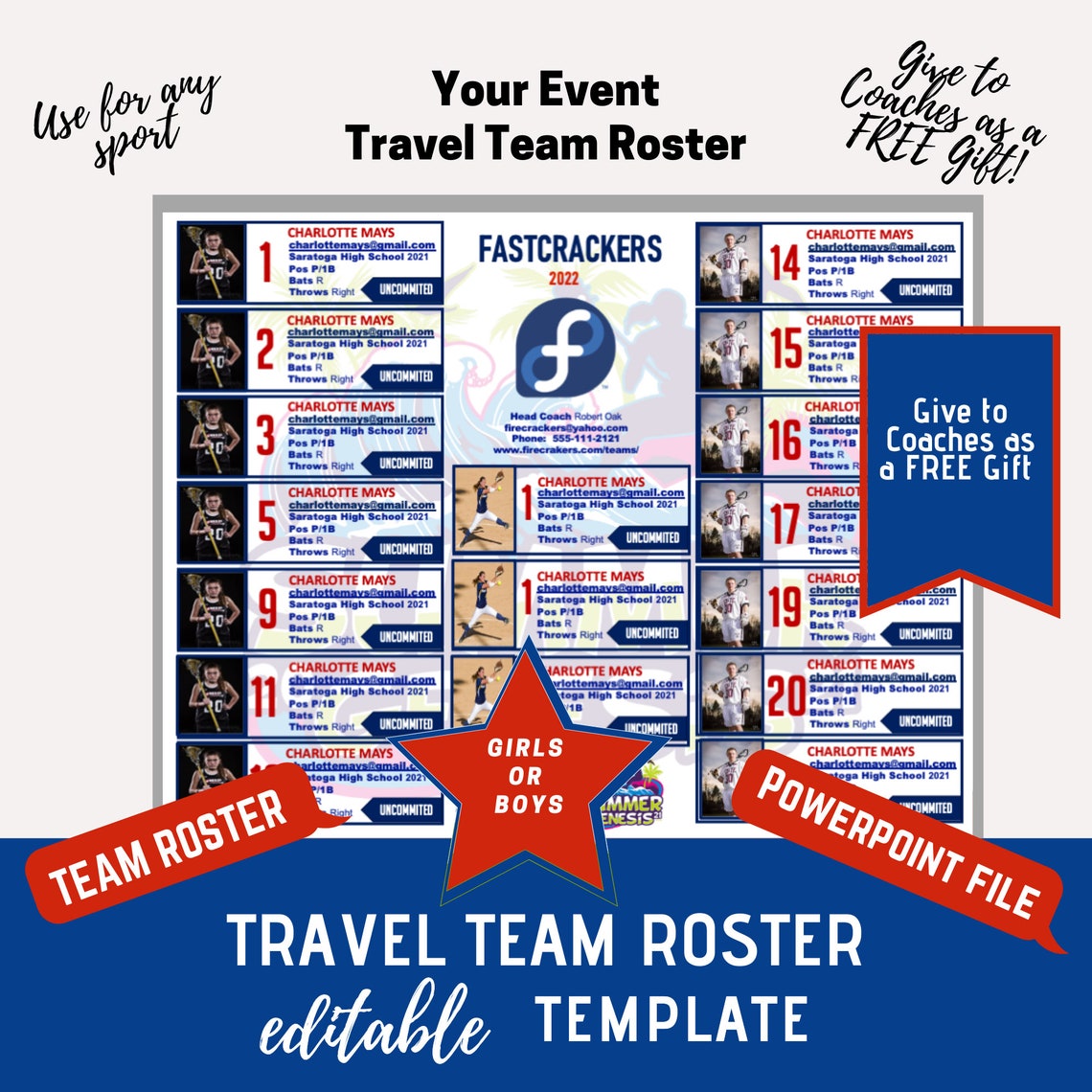 YOUR EVENT Travel Team Roster Template Red White & Blue 18 Players Etsy