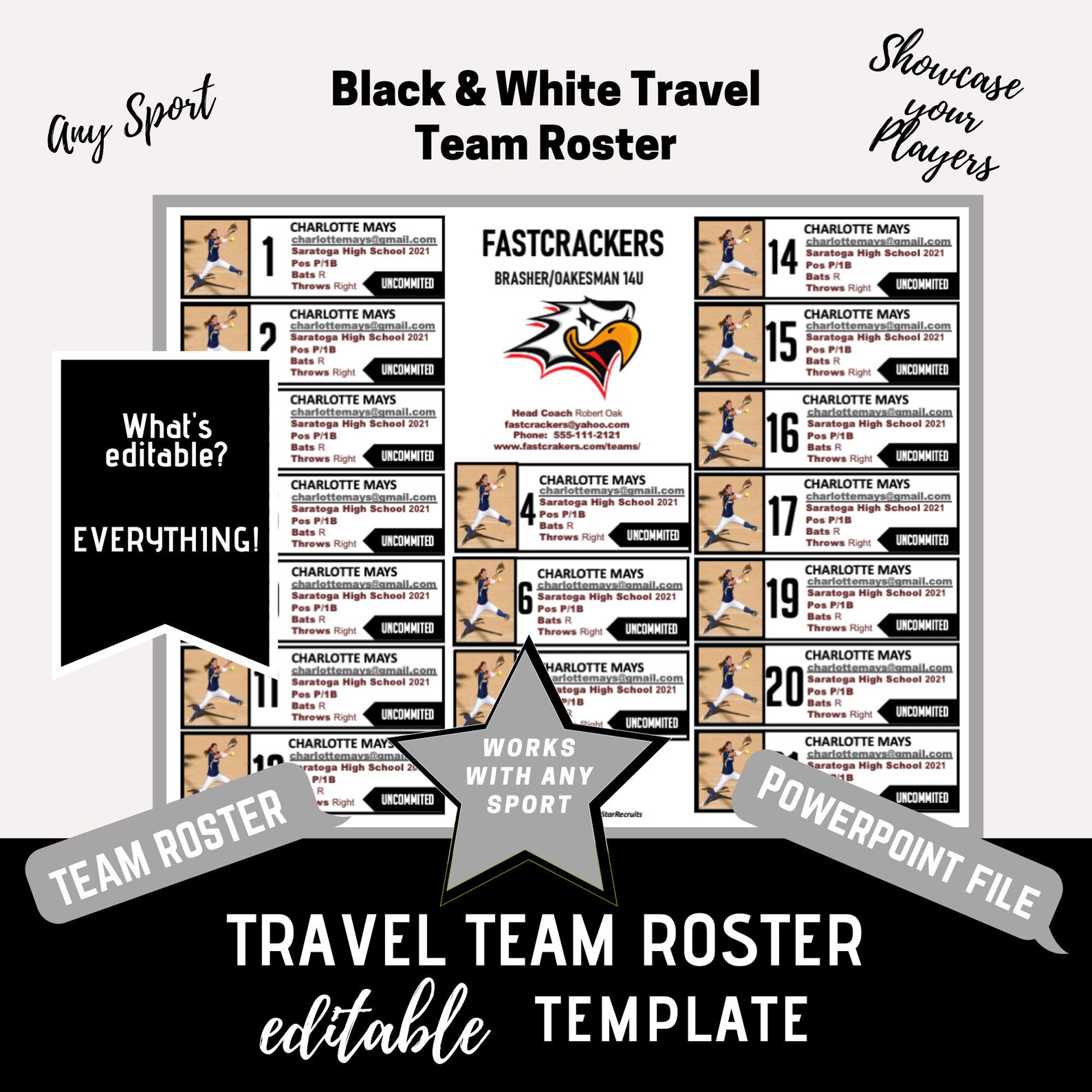 Travel Roster Format Travel Team Roster Template - Black & White - 18 Players per Page ...
