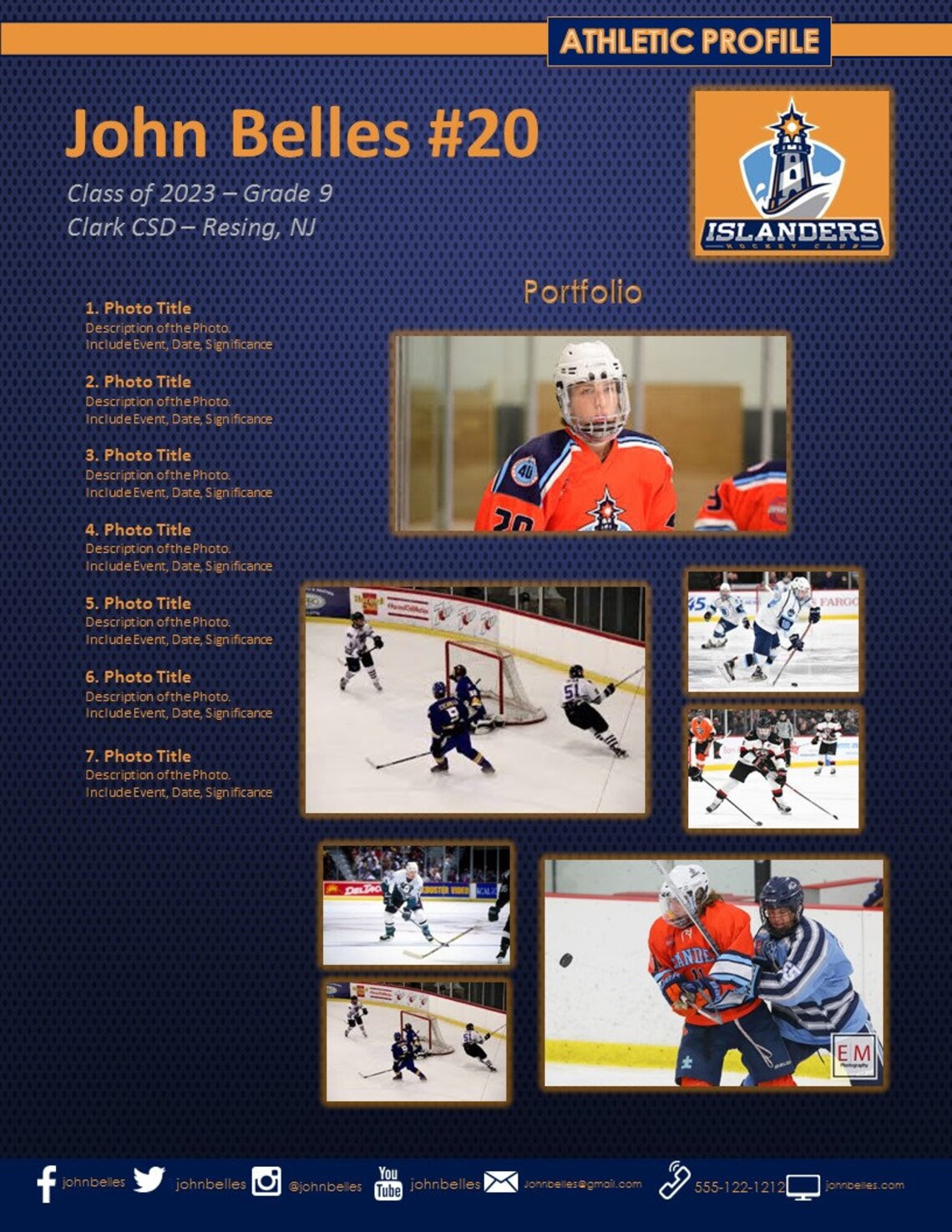 Hockey Athletic Profile Deluxe Template Blue & Orange Etsy