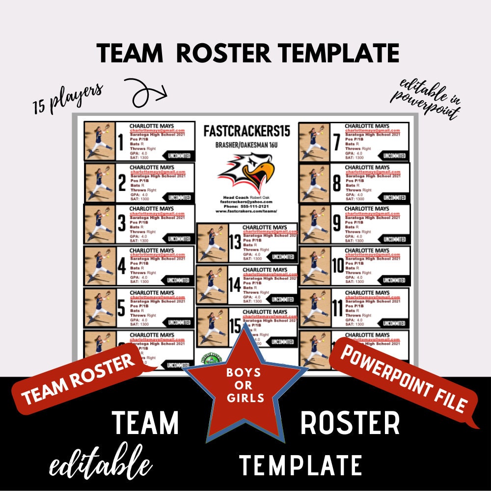 Travel Team Roster Template - Black & Red - 15 Players per Page ...