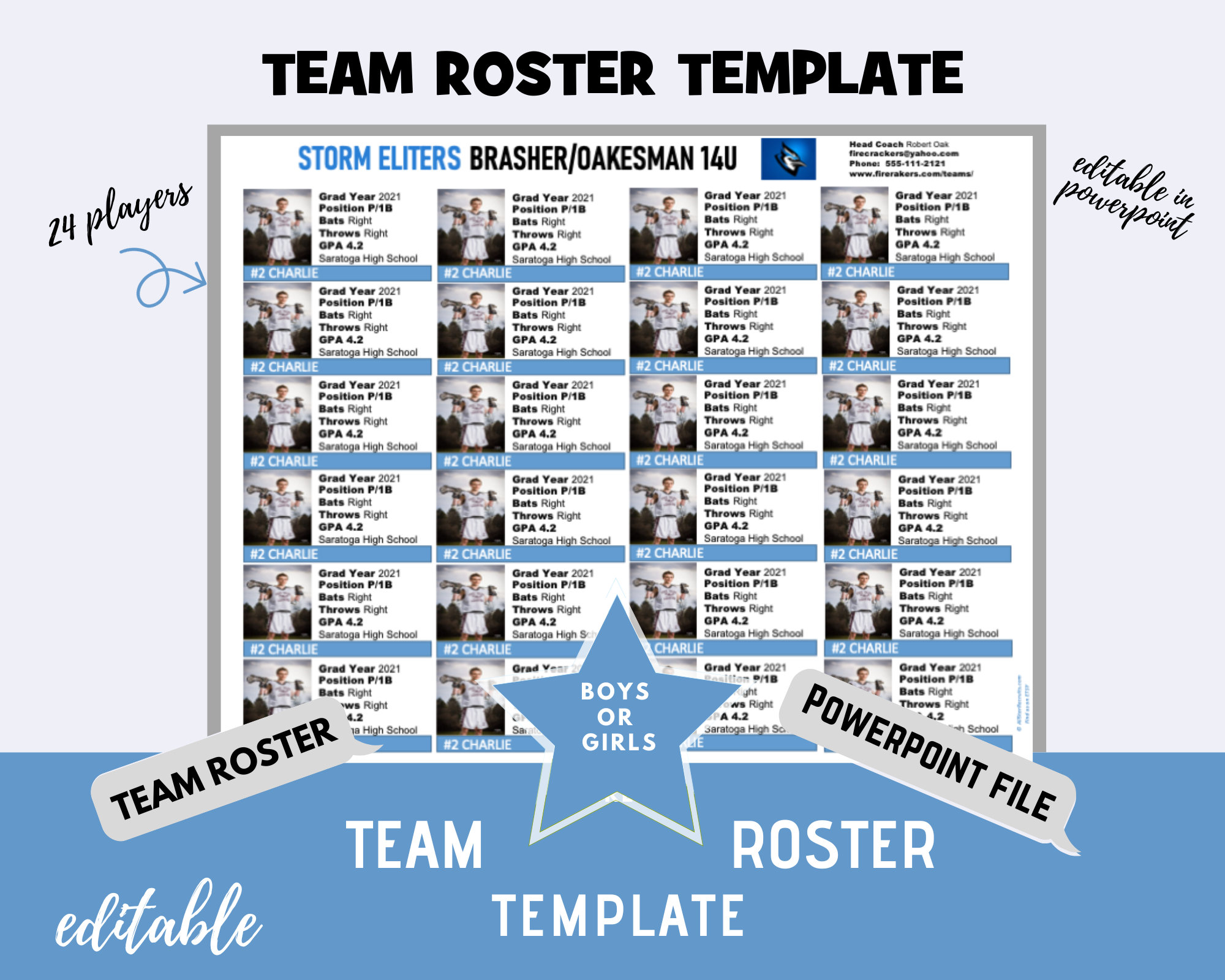 Travel Team Roster Template - Carolina Blue - 24 Players per Page ...