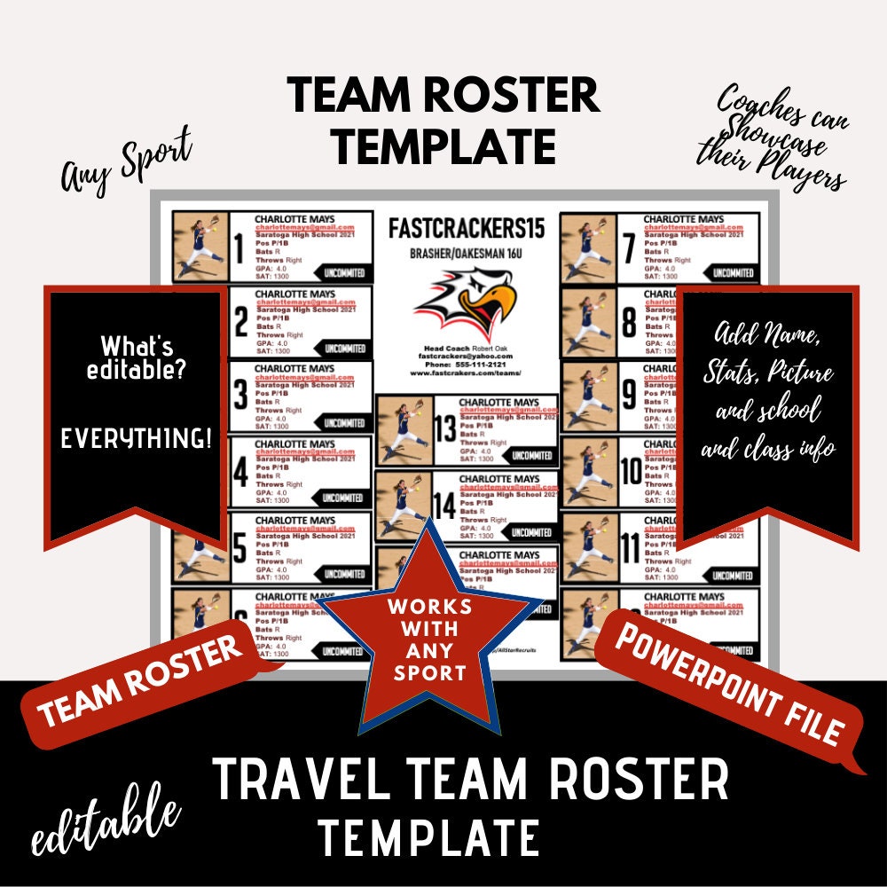 Travel Team Roster Template - Black & Red - 15 Players per Page ...