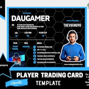 Carte de joueur - modèle de carte de joueur d'eSport - noir et bleu - toutes les couleurs/eSport - 5,5 x 4,25 po. (format carte postale) - modèle CANVA