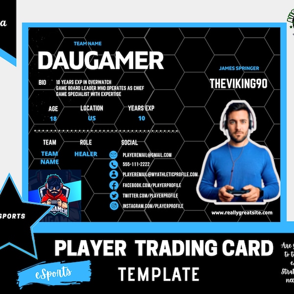 Player Card - eSports Player Card Template - Black & Blue - Any Color/eSport - 5.5x4.25" (Postcard Size) - CANVA Template