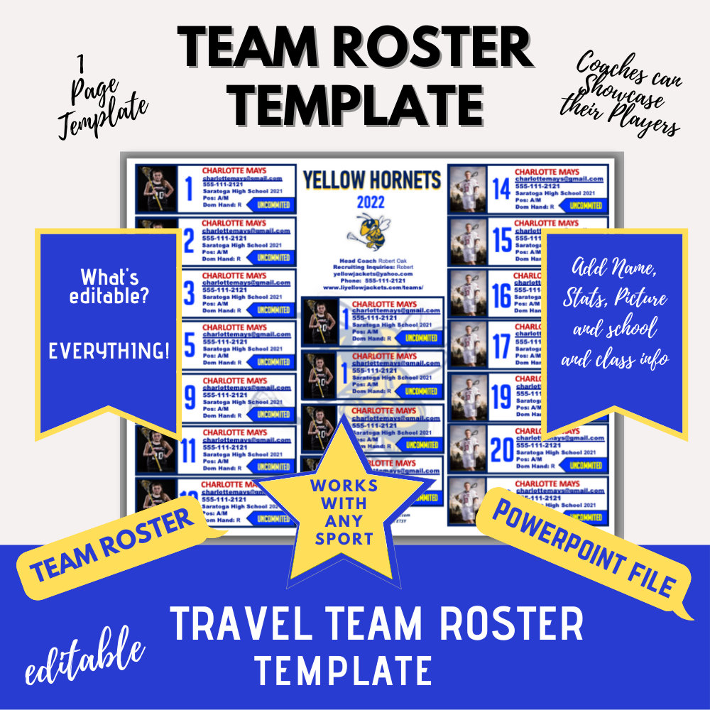 Travel Team Roster Template - Royal Blue & Yellow - 18 Players ...