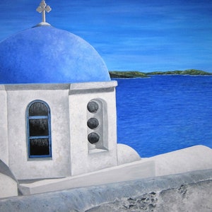 Santorini Blues, from my Art Greco series, depicting the stunning blue dome in Santorini, Greece. Original oil painting 24&quot;x36&quot;