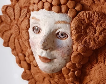 Flower girl Original handmade ceramic white mask sculpture portrait face woman folk clay decor ginger interior gallery wall Christmas gift