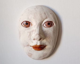 Observer Contemporary wall ar mask Original handmade ceramic white clay portrait face one of a kind minimalist interior design collection