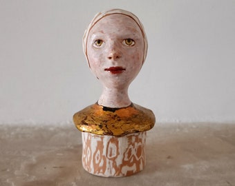 Original handmade ceramic figurative bust white gold accent sculpture portrait girl woman design OOAK clay chic decor interior fine art gift