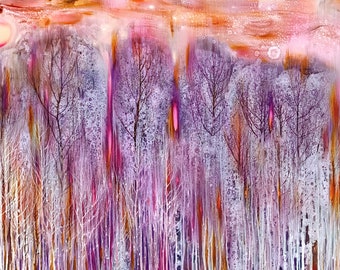 Pintura original gran óleo sobre lienzo bosque puesta de sol bellas artes arte árbol árboles paisaje álamo abedul rosa púrpura acento pared decoración de la habitación