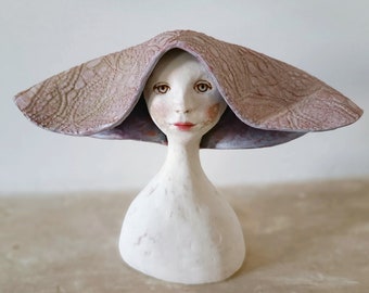 Netherlands girl Original handmade ceramic figurative fine art bust purple violet sculpture lace hat grey eye clay decor interior Italy gift