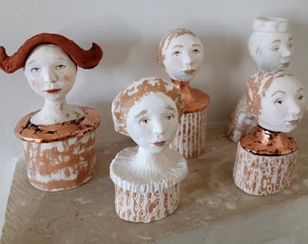 Original handmade ceramic figurative bust white red copper sculpture portrait girl woman clay decor interior fine art Italy Christmas gift
